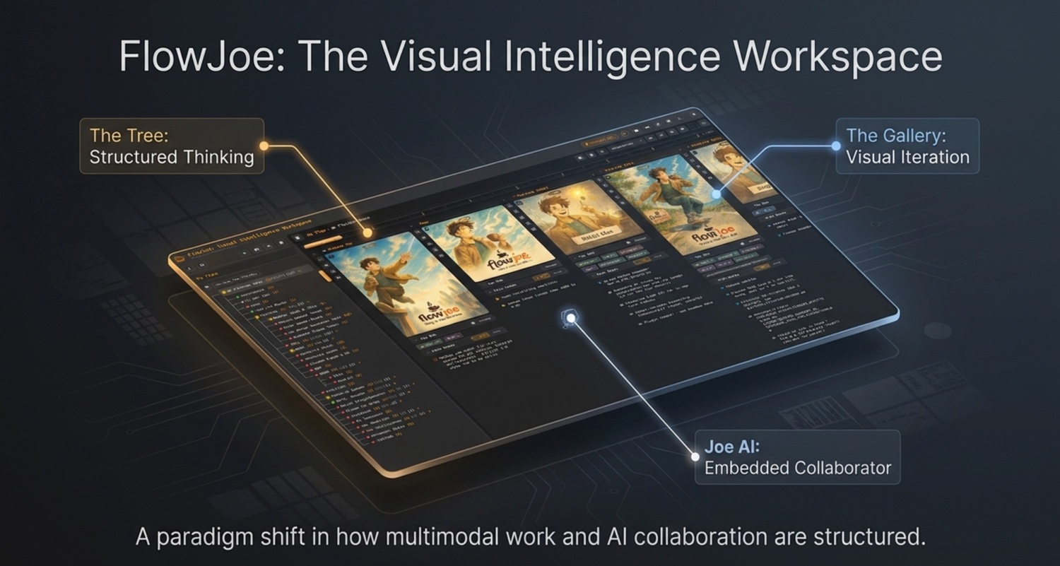 FlowJoe: The Visual Intelligence Workspace — a hierarchical knowledge tree, a per-node gallery of generated images, and Joe, an embedded AI collaborator